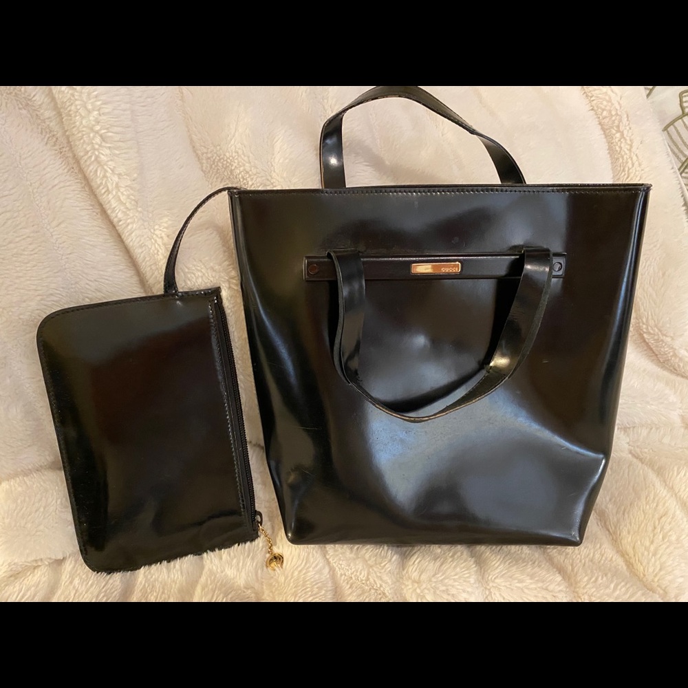 RARE Gucci Vintage Glossy Black Leather Tote - Picture 1 of 15